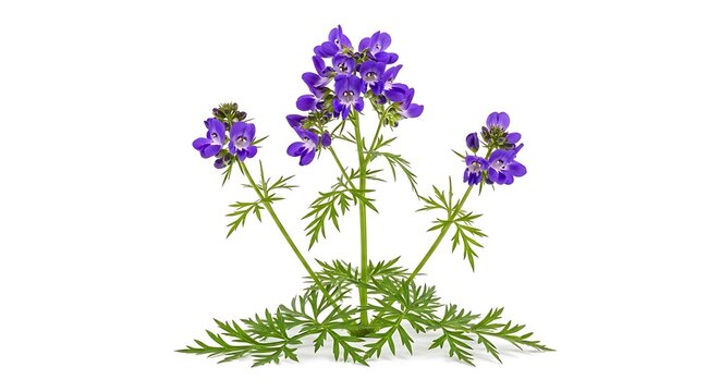 Violet flower plant with green leaves, isolated on white background