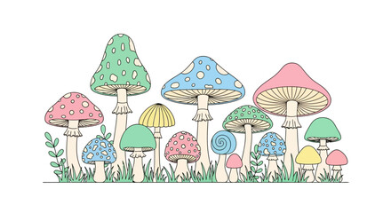 Fototapeta premium Colorful mushrooms in various sizes.