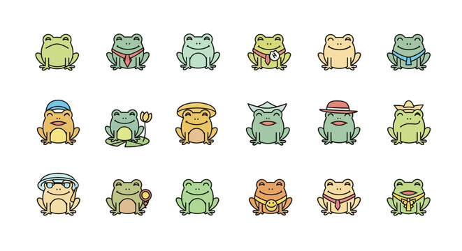 Colorful cartoon frogs with hats.