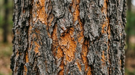 Fototapeta premium Close-up of rough, textured tree bark with orange and grey hues in a forest setting.