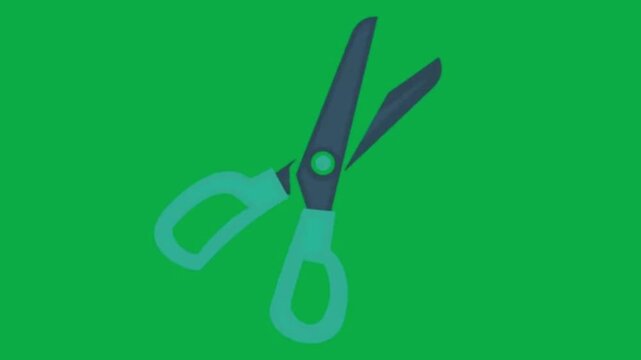 Animated scissors cutting action icon popping up on green screen background video