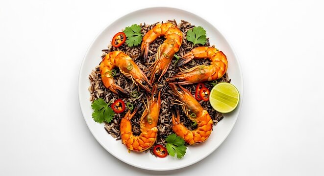 Delicious prawn dish on white plate with cilantro and lime garnish