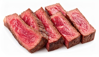 Fototapeta premium Close-up of succulent grilled beef steak slices showcasing rich texture and vibrant color on a white background.