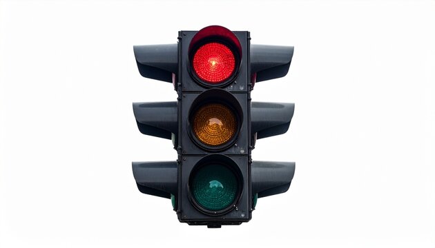 Red traffic light illuminated, vertical signal, white background clarity