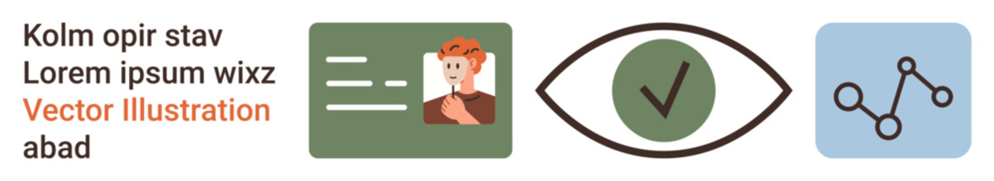 Identity verification, authentication, cybersecurity, data analysis, online security, digital validation. An ID card, confirmation eye checkmark and data network icons. Identity verification