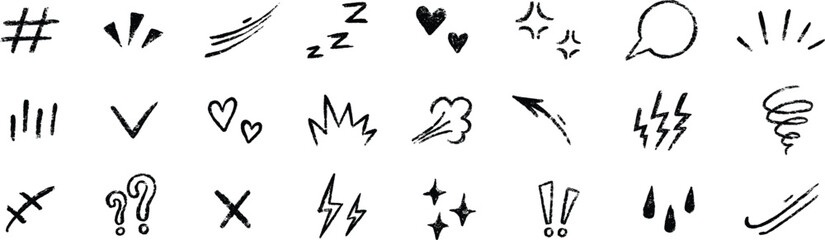 Hand-drawn manga comic emotion symbols and action marks collection isolated on transparent background © Barca