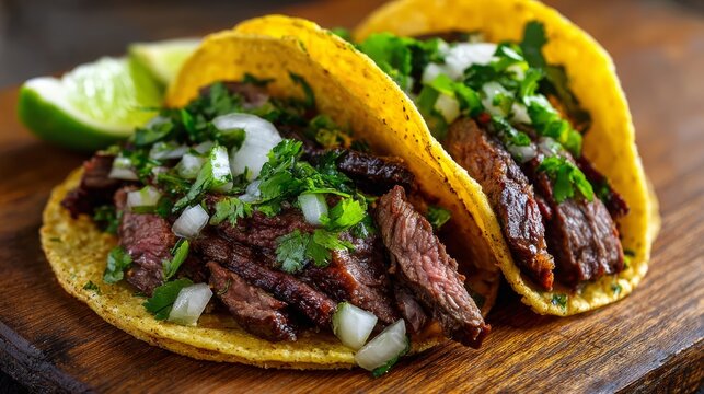 Two carne asada tacos topped with fresh cilantro and chopped onions on soft corn tortillas, authentic mexican street food with grilled seasoned beef, vibrant fresh ingredients and traditional flavors,