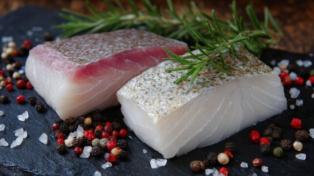 Delicious fresh pollock fillets on dark surface with herbs and lemon, raw coalfish seafood prepared for healthy gourmet cooking, high protein omega 3 rich fish in clean minimal food composition