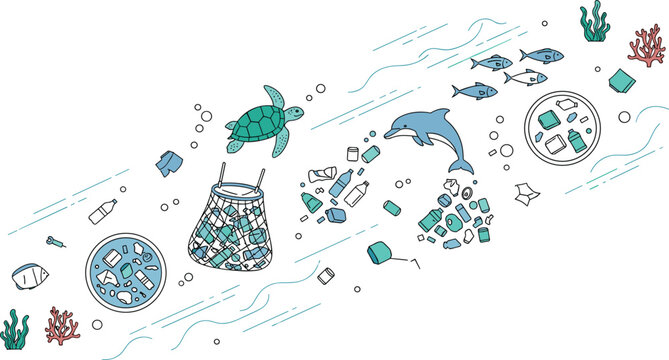 Ocean Plastic Pollution Illustration with Sea Turtle, Dolphin, Fish, and Trash Waste, Environmental Marine Conservation Concept Vector for Awareness and Sustainability Campaigns.
