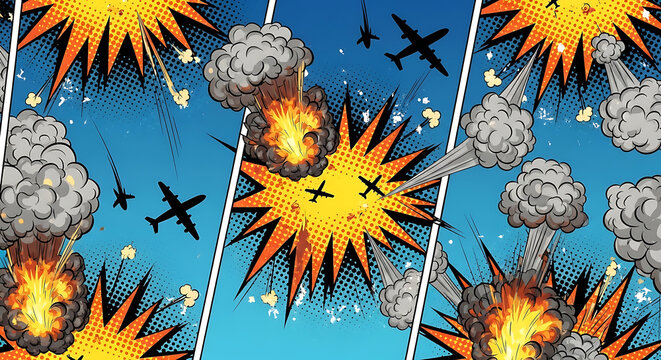 comic book explosion in aerial combat featuring war planes and a dynamic pop art action scene with smoke and fire.
