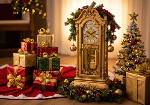 elegant vintage clock surrounded by christmas gifts and festive decorations