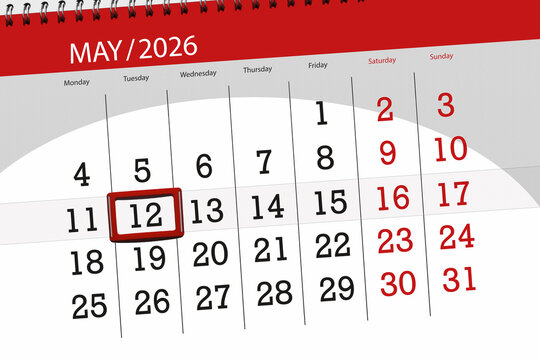 Calendar 2026, deadline, day, month, page, organizer, date, May, tuesday, number 12