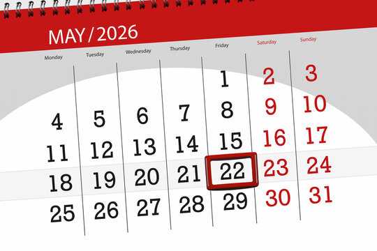 Calendar 2026, deadline, day, month, page, organizer, date, May, friday, number 22