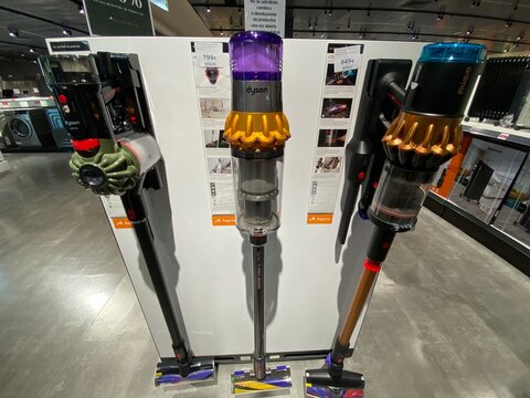 Jerez de la frontera, spain, january 2, 2026 dyson cordless vacuum cleaners display at retail store showing high tech cleaning appliances for sale