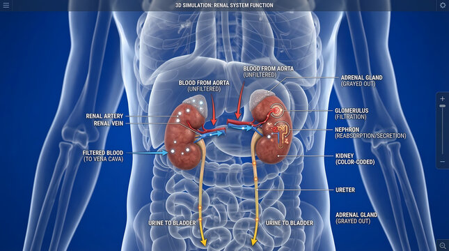 3D Renal System Simulation: Nephron Filtration and Blood Purification Process