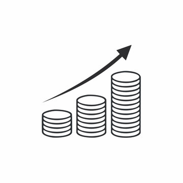 Black and white line art icon showing increasing stacks of coins with an upward arrow, symbolizing financial growth.