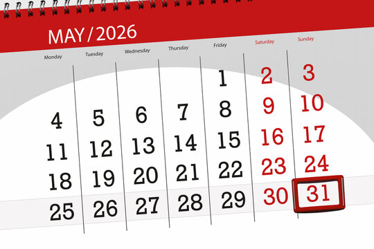 Calendar 2026, deadline, day, month, page, organizer, date, May, sunday, number 31