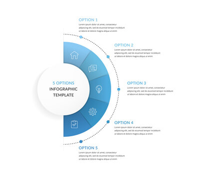Infographic template with central circle with and five step designed as semicircle diagram, five steps or options infographics