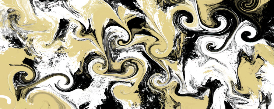 Abstract vibrant black white and gold fluid marble texture background. Dynamic rough grungy swirling liquid acrylic paint pour pattern for creative modern graphic design, trendy artistic backdrop bann