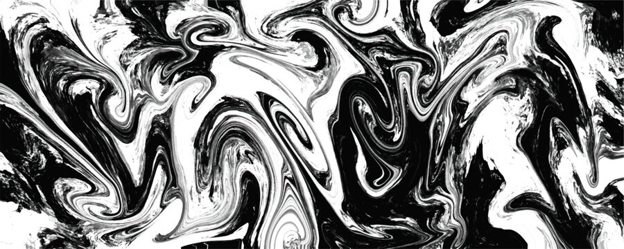 Abstract chaotic black and white fluid marble texture background. Dynamic dark stormy swirling wavy liquid acrylic paint pour pattern for creative modern graphic design, trendy artistic design.