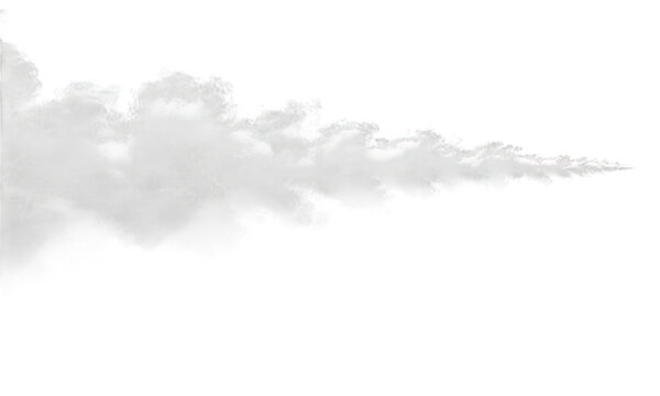 White smoke trail isolated on transparent background, realistic steam cloud puff, wispy vapor exhaust for motion design and visual effects