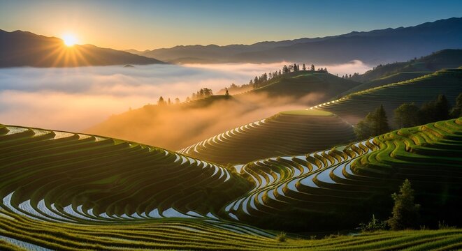 Breathtaking Sunrise Over Rice Terraces in Longsheng, Guangxi, China.