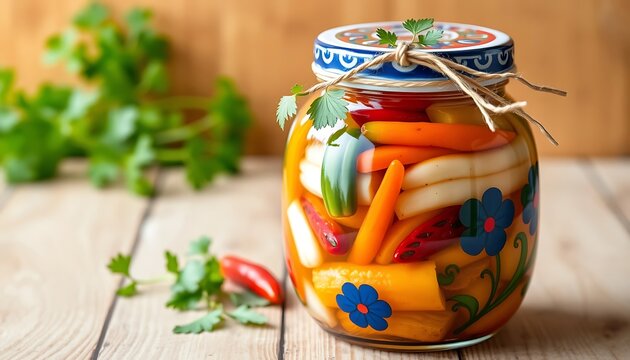 A glass jar filled with colorful pickled vegetables featuring vibrant chili peppers and aromatic fresh herbs