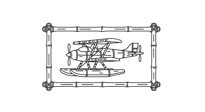 Vintage Seaplane Biplane Framed in Bamboo Border - Retro Aviation Illustration