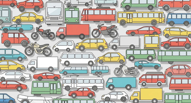 A vibrant collection of diverse vehicles in a busy city street scene.