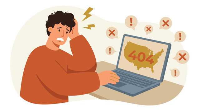A frustrated man holds his head while facing a laptop displaying a 404 error page with warning icons illustration