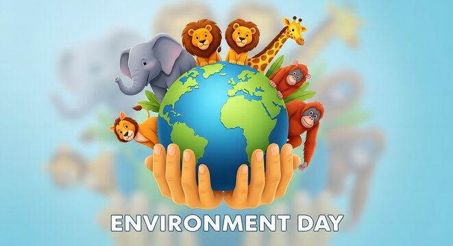 Cartoon animals surround earth globe held by hands for world environment day banner.