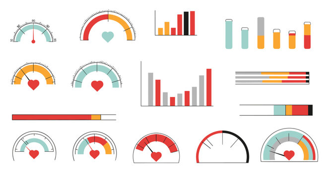 Set of colorful user interface elements for health monitoring applications featuring heart rate gauges, progress bars, and data charts.