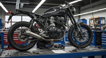 Obraz premium Classic motorcycle being worked on in a workshop, detailed shot