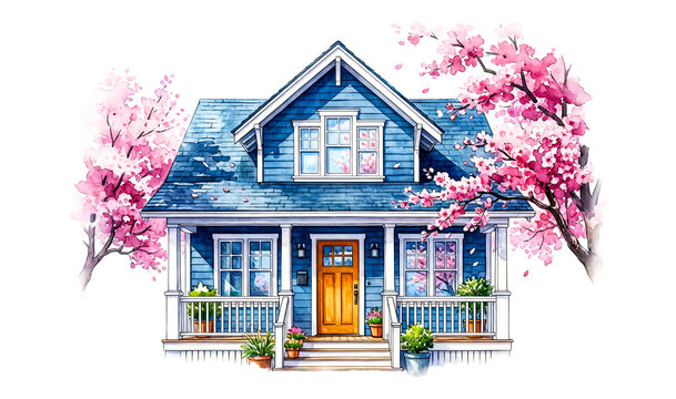 Watercolor illustration of blue house with blooming trees