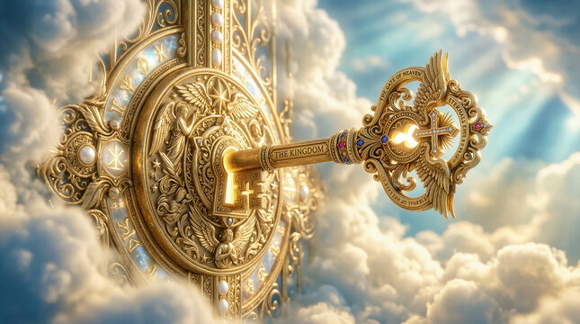 Ornate golden key to the kingdom of heaven opening a celestial gate in the clouds.