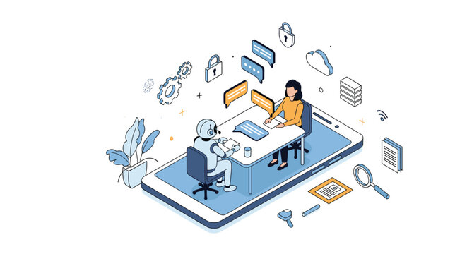 Human employee and artificial intelligence robot having a collaborative meeting on top of a large digital smartphone interface.