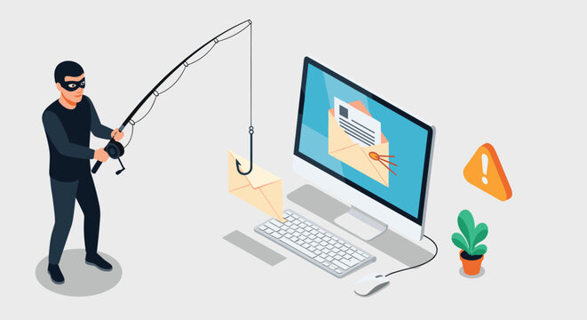 Cybercriminal using a fishing rod to steal sensitive emails and personal data from a computer screen in a phishing scam.