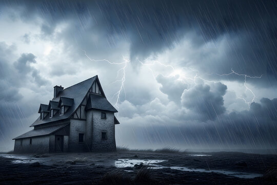 Strong house standing against fierce thunderstorm clouds, bolts of lightning striking from the ominous clouds. Disaster Risk Reduction Day 