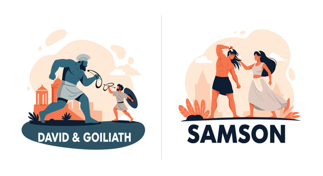 Illustrations of famous biblical stories featuring the battles of David and Goliath and the strength of Samson and Delilah.