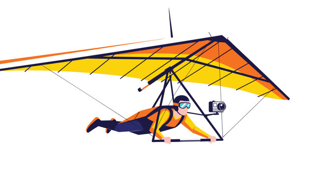 Adventurous man hang gliding in the sky with an action camera mounted on the frame to capture the flight experience.