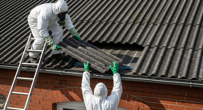 asbestos removal professionals in protective suits carefully demolish hazardous roof sheets emphasizing workplace safety.
