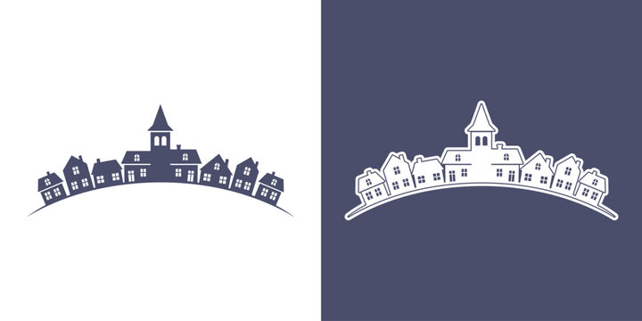 Town skyline illustration featuring small houses and church silhouette, minimalist urban landscape vector design isolated on textured background