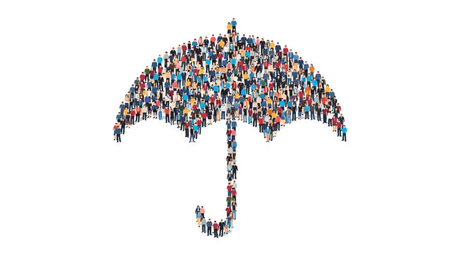 Large crowd of diverse people standing together to form the shape of an umbrella symbolizing protection, safety, and insurance.