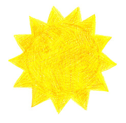 Fototapeta premium A sun is drawn using colored pencils. It has a round center and sharp rays extending outward. The sun is drawn in bright yellow. This picture captures the warm light of a sunny day.