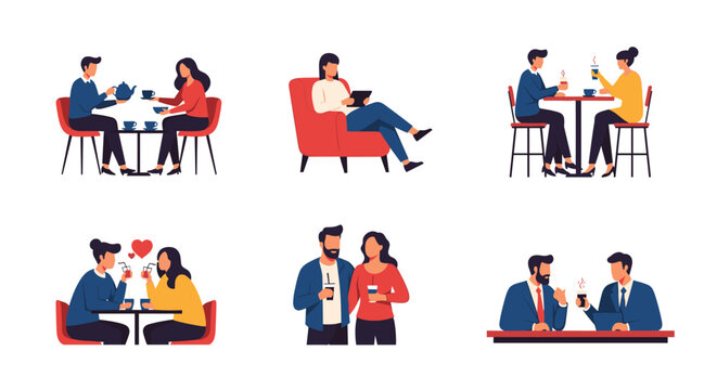 Collection of flat design illustrations shows people socializing over coffee and snacks in various cafe settings.