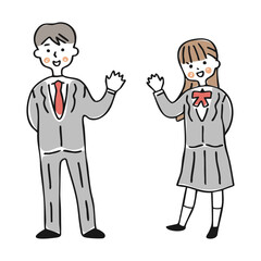 Fototapeta premium 手を挙げて挨拶する制服姿の男女