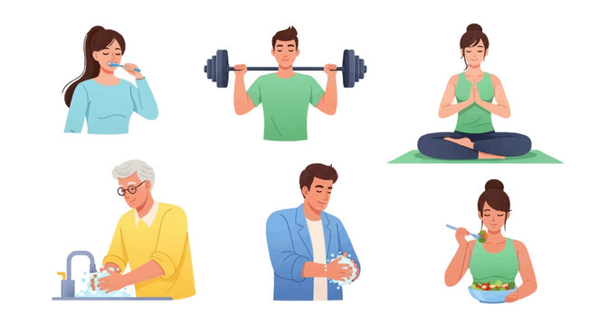 A vector illustration showcases diverse people practicing various health activities, including brushing teeth, weightlifting, meditating, handwashing, checking time, and eating a salad, set