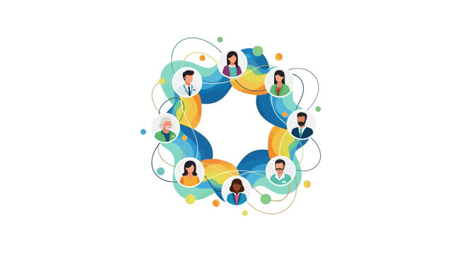 Diverse characters in a vector illustration symbolize unity and harmony, depicting a world health issue with icons of people connected in a circle, conveying a message of hope and progress