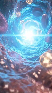 Insulin glucose blood sugar hormone medical bloodstream vessel artery vein red blood cell flow diabetes concept showing healthcare inside artery lumen with glucose insulin hormone moving through