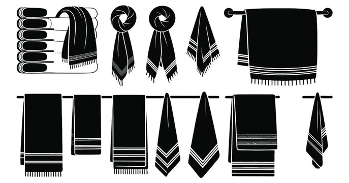 Towel icons set, scarf silhouette, folded fabric, draped textile, hanging towel, decorative border, household items, fashion styling, and interior design vector illustration